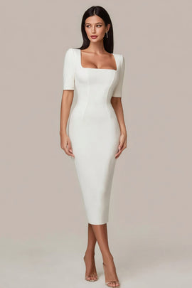 Simple White Square Neck Bodycon Midi Engagement Dress with Sleeves