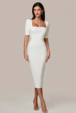 Simple White Square Neck Bodycon Midi Engagement Dress with Sleeves