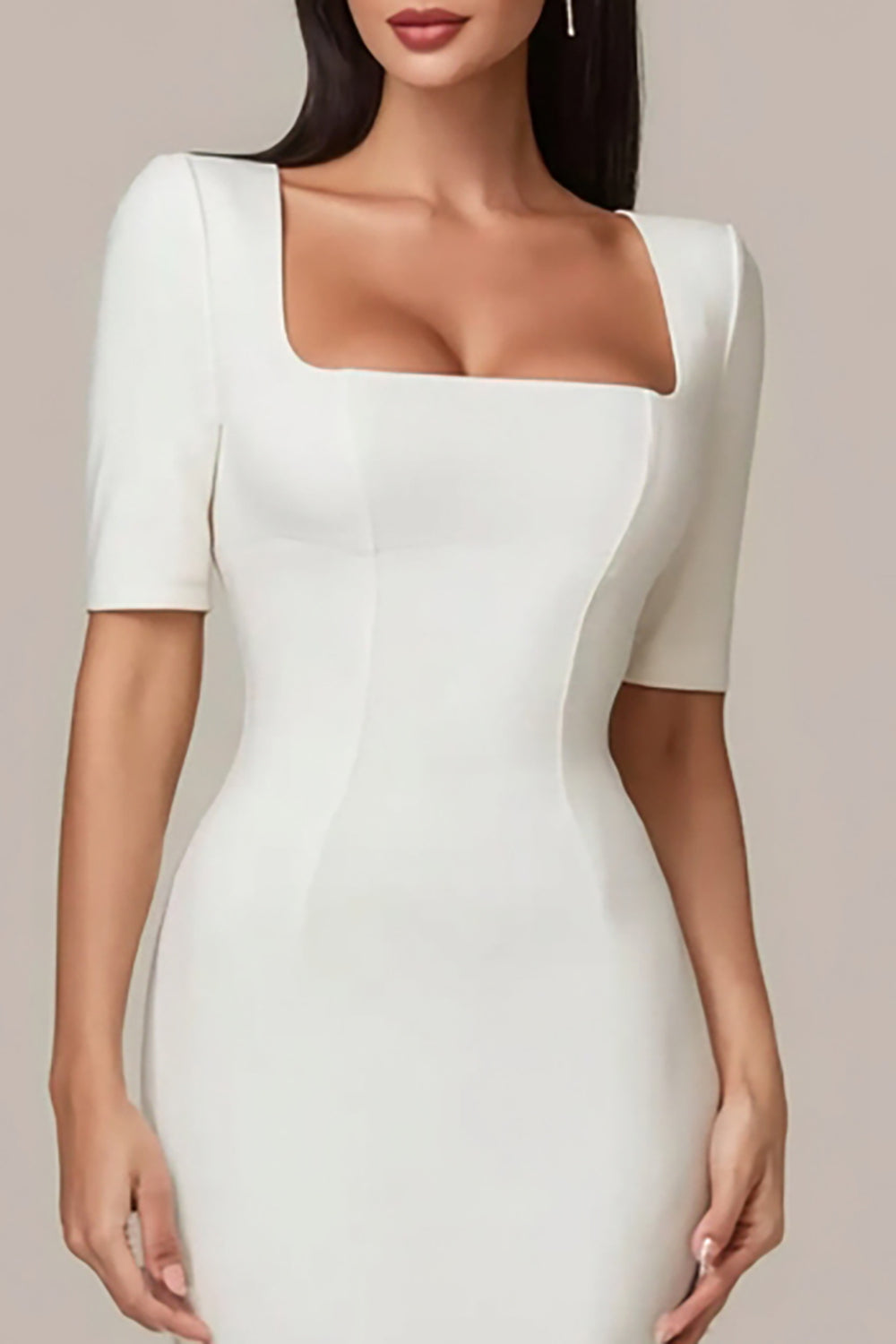 Simple White Square Neck Bodycon Midi Engagement Dress with Sleeves