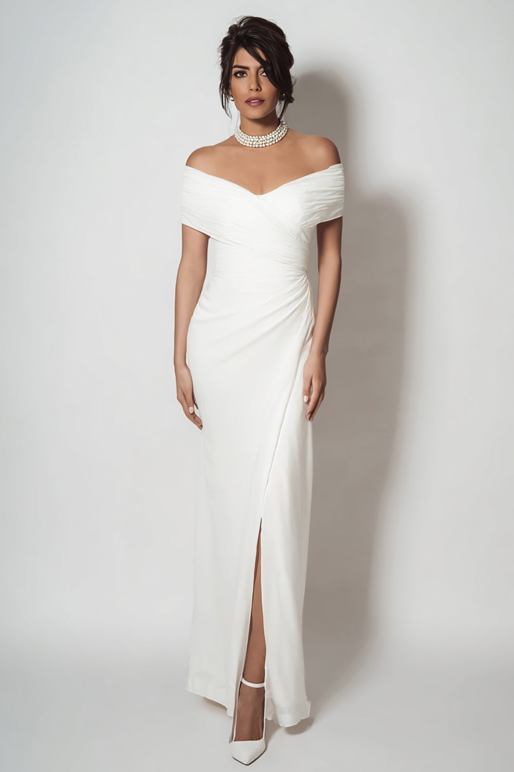 White Sheath Off the Shouder Long Engagement Dress with Slit
