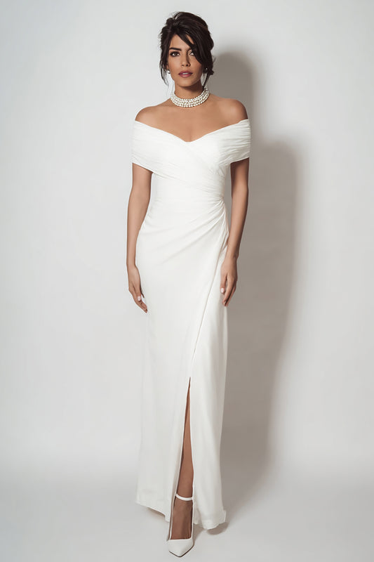 White Sheath Off the Shouder Long Engagement Dress with Slit