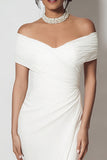 White Sheath Off the Shouder Long Engagement Dress with Slit