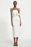 White Strapless Sheath Satin Midi Engagement Dress with Bow