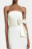 White Strapless Sheath Satin Midi Engagement Dress with Bow