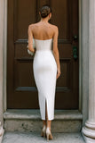 White Strapless Bodycon Midi Engagement Dress with Bow