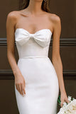 White Strapless Bodycon Midi Engagement Dress with Bow