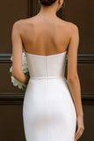 White Strapless Bodycon Midi Engagement Dress with Bow