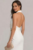 White Chiffon Halter Neck Bodycon Midi Engagement Dress with Slit