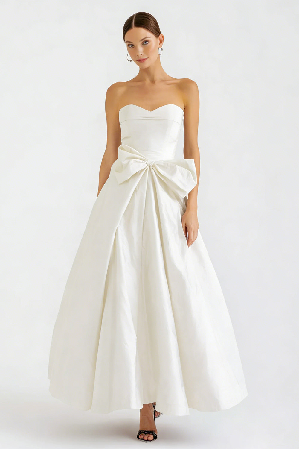 White Satin Sweetheart A Line Long Engagement Dress with Bow