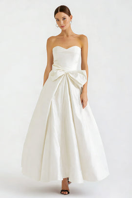 White Satin Sweetheart A Line Long Engagement Dress with Bow