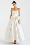 White Satin Sweetheart A Line Long Engagement Dress with Bow