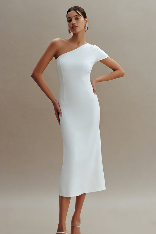 Simple White One Shoulder Sheath Midi Engagement Dress