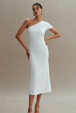 Simple White One Shoulder Sheath Midi Engagement Dress