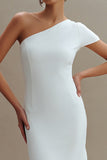 Simple White One Shoulder Sheath Midi Engagement Dress