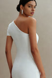 Simple White One Shoulder Sheath Midi Engagement Dress