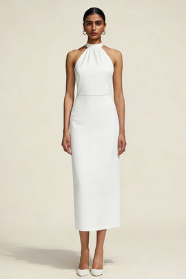 Simple White Sheath Satin Halter Midi Engagement Dress