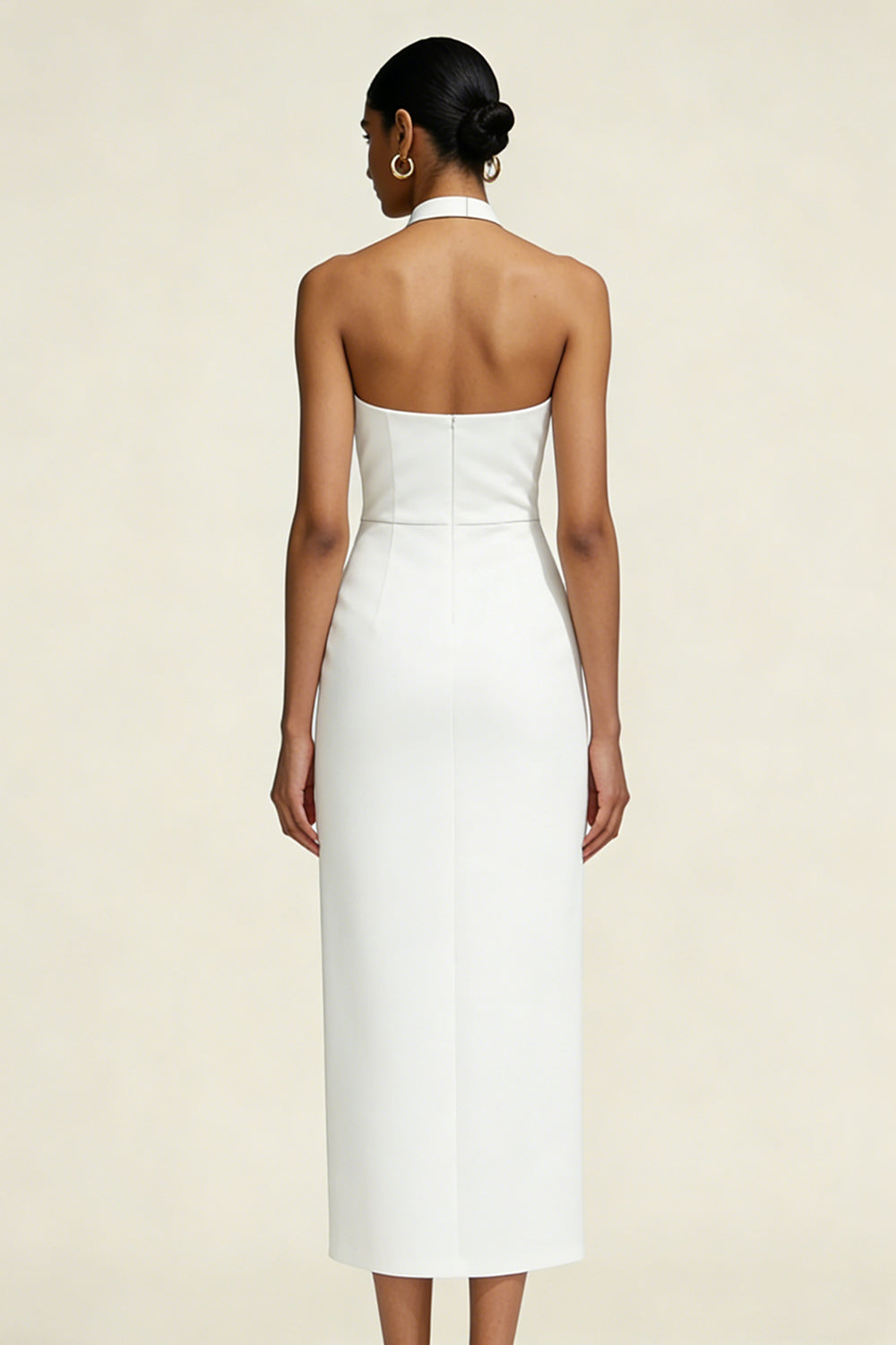 Simple White Sheath Satin Halter Midi Engagement Dress
