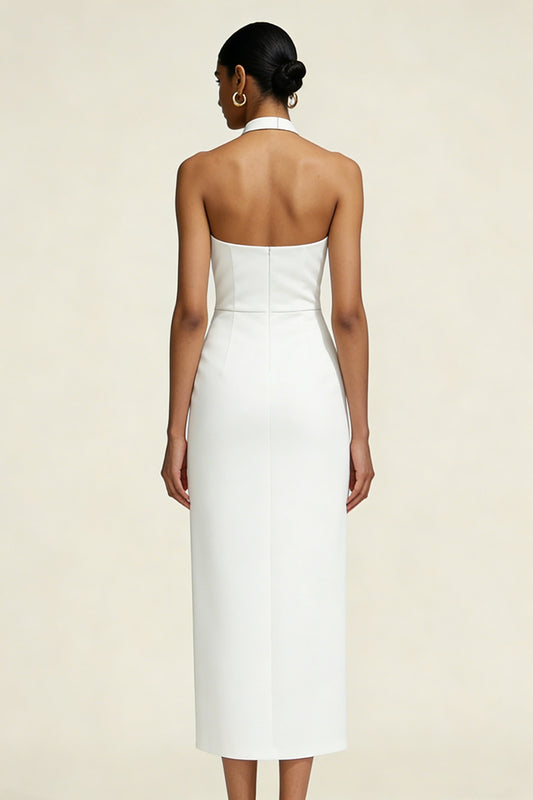 Simple White Sheath Satin Halter Midi Engagement Dress