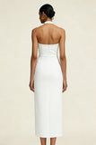 Simple White Sheath Satin Halter Midi Engagement Dress