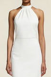 Simple White Sheath Satin Halter Midi Engagement Dress