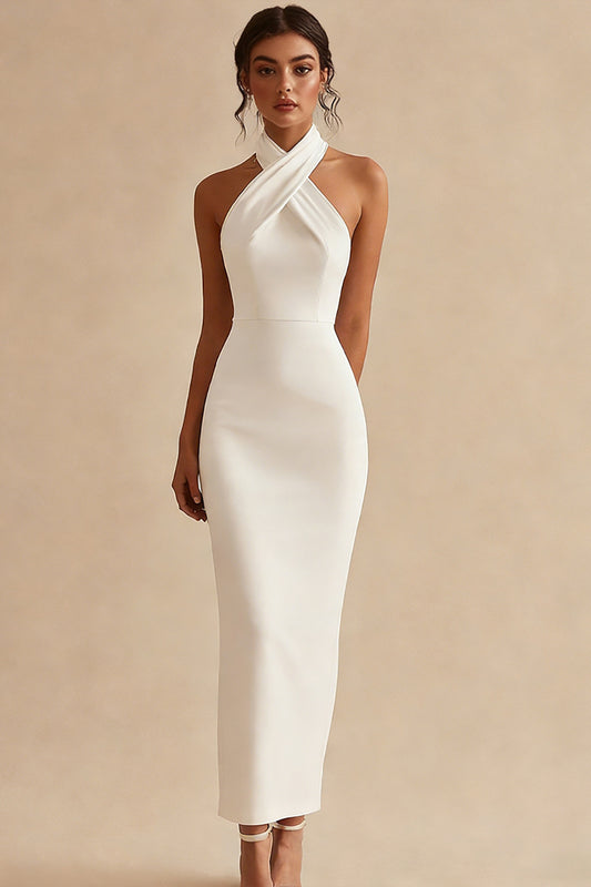 Simple Ivory Halter Bodycon Maxi Engagement Dress