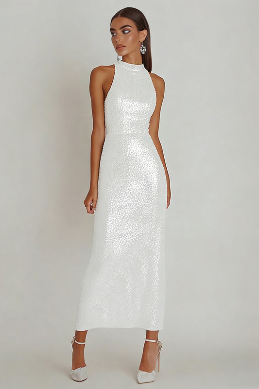 Sparkly White Sequins Sheath Maxi Engagement Dress