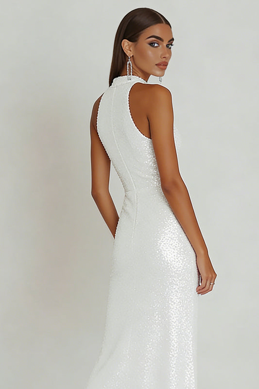 Sparkly White Sequins Sheath Maxi Engagement Dress