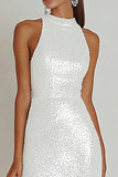 Sparkly White Sequins Sheath Maxi Engagement Dress