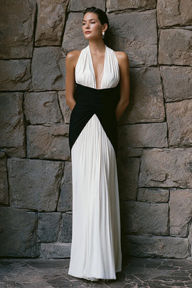 Black and White Chiffon Sheath Pleated Long Formal Dress