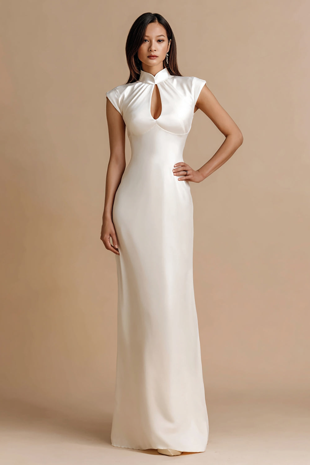 Ivory Sheath Satin Cap Sleeves Maxi Engagement Dress