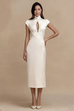 Ivory Sheath Cap Sleeves Satin Midi Engagement Dress