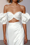 White Sheath Puff Sleeves Satin Long Engagement Dress
