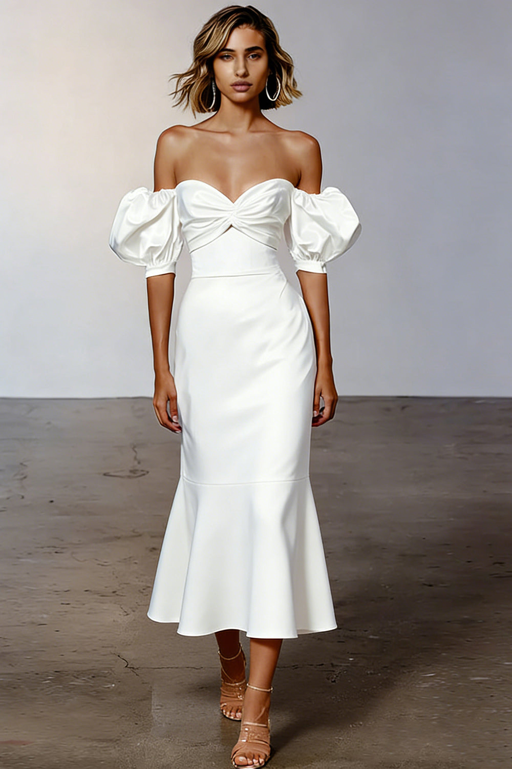 White Puff Sleeves Satin Off the Shoulder Midi Engagement Dress