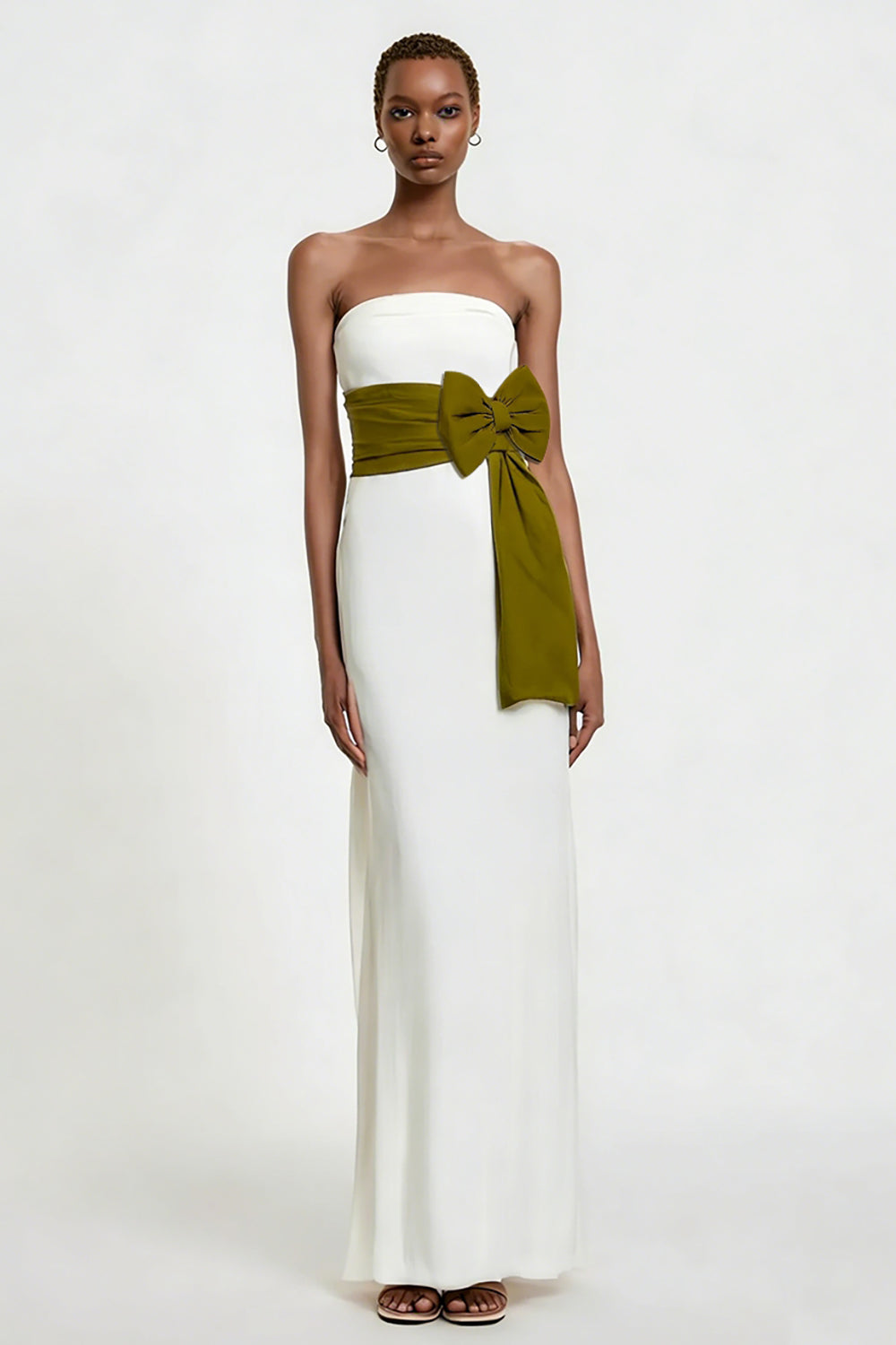 White Sheath Strapless Long Engagement Dress with Bow