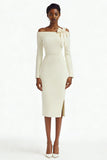 Ivory Bodycon Off the Shoulder Midi Engagement Dress with Slit