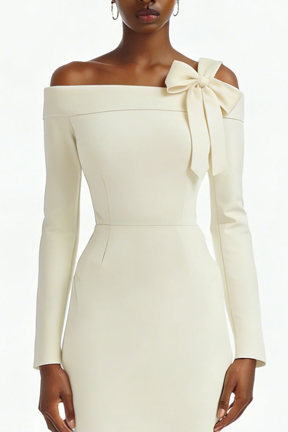 Ivory Bodycon Off the Shoulder Midi Engagement Dress with Slit