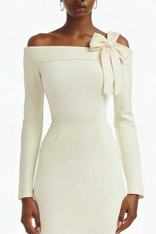 Ivory Bodycon Off the Shoulder Midi Engagement Dress with Slit