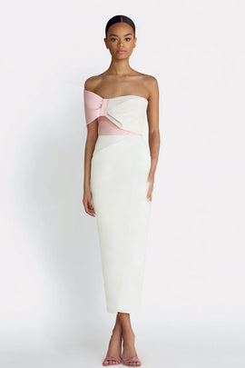 Ivory Sheath One Shoulder Midi Engagement Dress with Bow