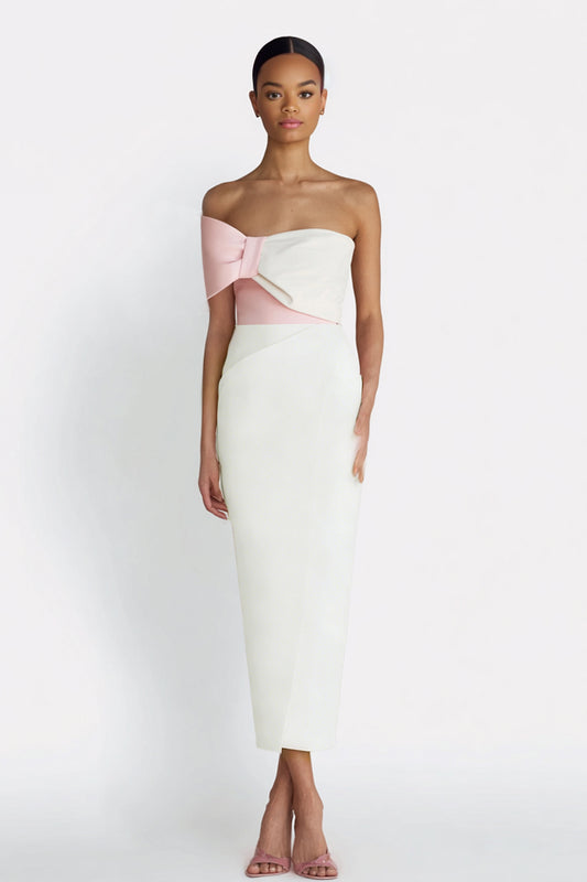 Ivory Sheath One Shoulder Midi Engagement Dress with Bow