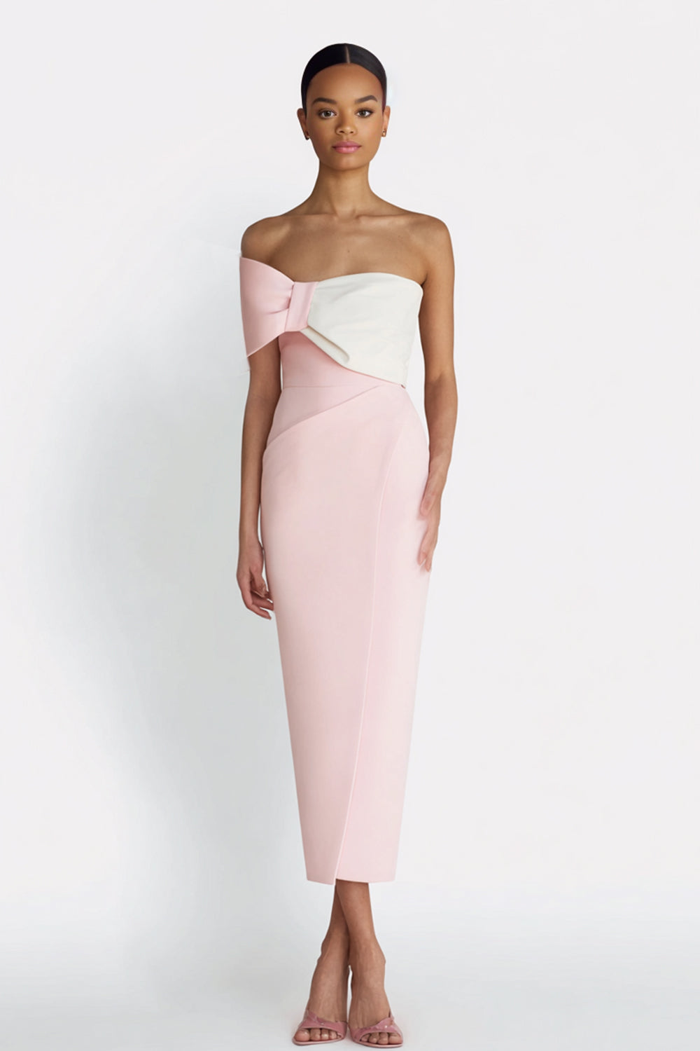 Ivory Sheath One Shoulder Midi Engagement Dress with Bow