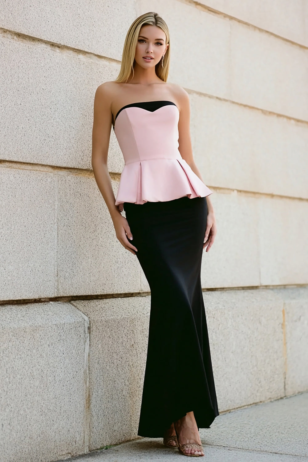 White and Pink Strapless Mermaid Long Formal Dress with Ruffles
