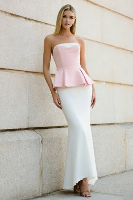 White and Pink Strapless Mermaid Long Formal Dress with Ruffles