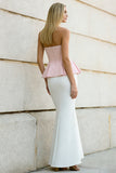 White and Pink Strapless Mermaid Long Formal Dress with Ruffles