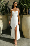 White Sheath Spaghetti Straps Midi Engagement Dress with Slit