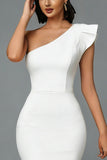 White Mermaid One Shoulder Midi Engagement Dress with Ruffles