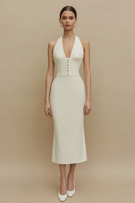 Ivory Sheath Halter Midi Engagement Dress with Buttons