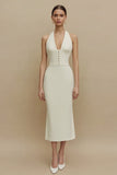 Ivory Sheath Halter Midi Engagement Dress with Buttons