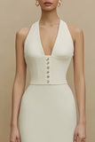Ivory Sheath Halter Midi Engagement Dress with Buttons
