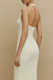 Ivory Sheath Halter Midi Engagement Dress with Buttons