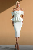 White Mermaid Off the Shoulder Midi Engagement Dress with Ruffles